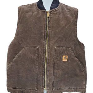Carhartt Vest Mens Large Brown Duck Canvas Quilt-Lining Zip Front Workwear